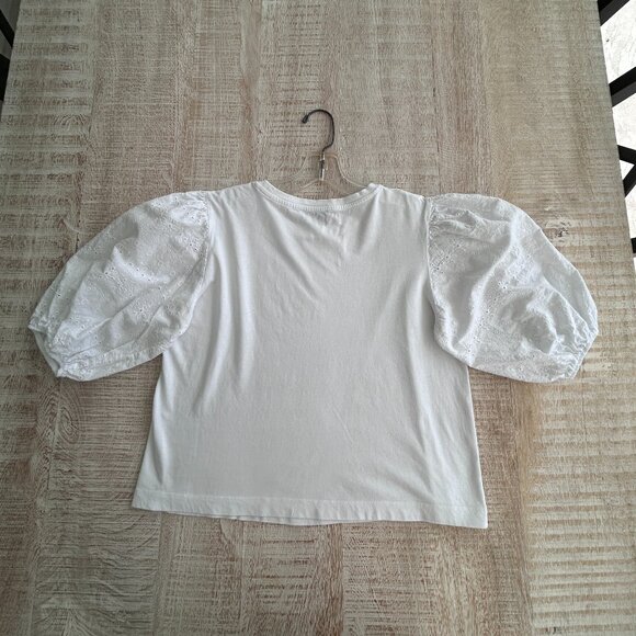 Zara Embroidered Ballon Eyelet Sleeve Cropped Top/T-Shirt White Size Small - Picture 5 of 7